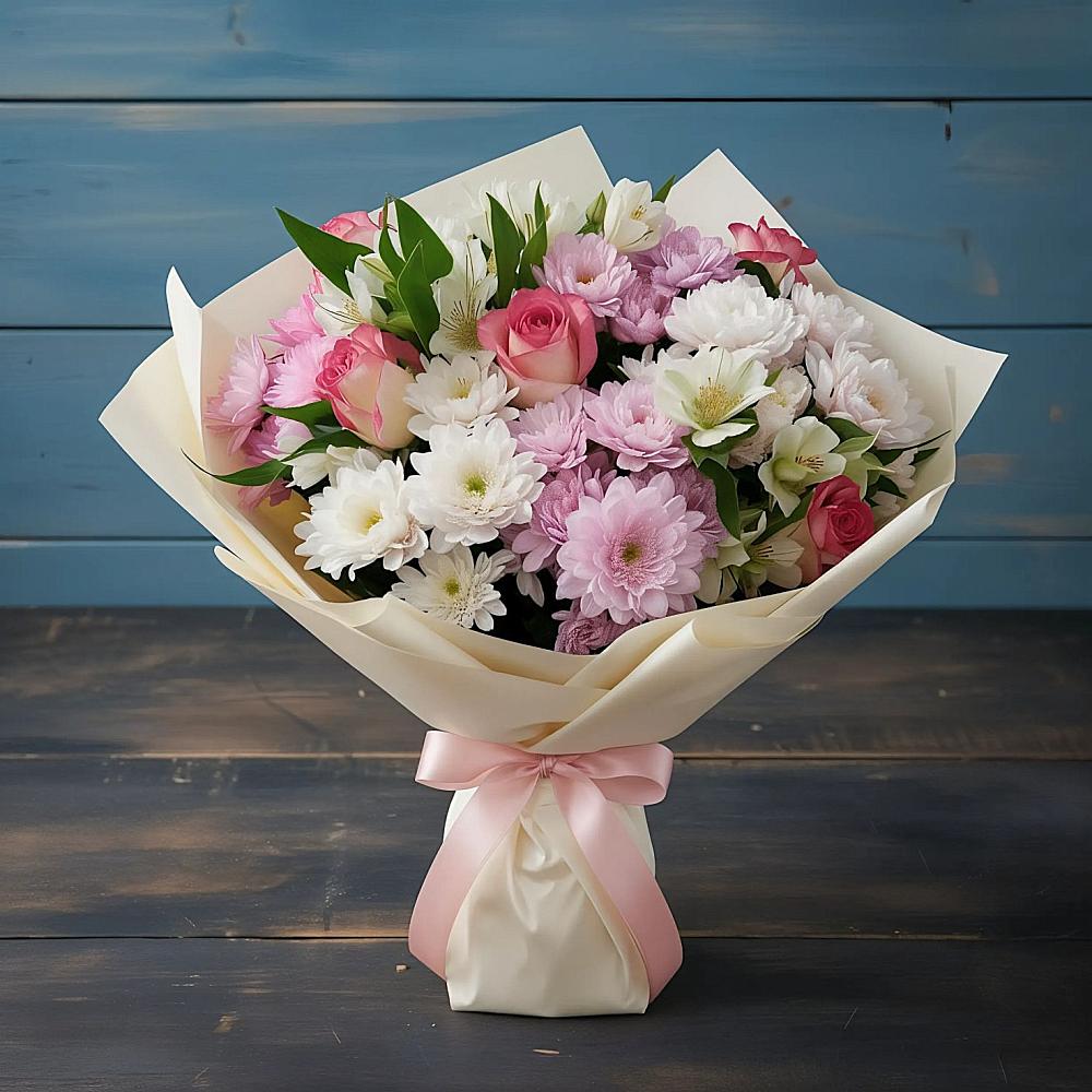 Букет цветов из: Хризантемы, Альстромерии и Розы в Темиргоевской